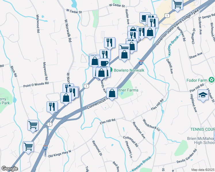 map of restaurants, bars, coffee shops, grocery stores, and more near 51 Richards Avenue in Norwalk