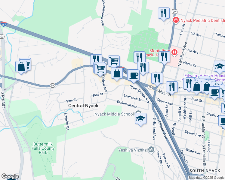 map of restaurants, bars, coffee shops, grocery stores, and more near 22 Upper Depew Avenue in Nyack