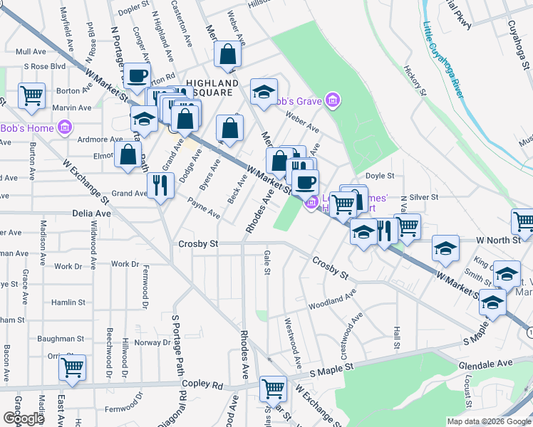 map of restaurants, bars, coffee shops, grocery stores, and more near 35 Rhodes Avenue in Akron