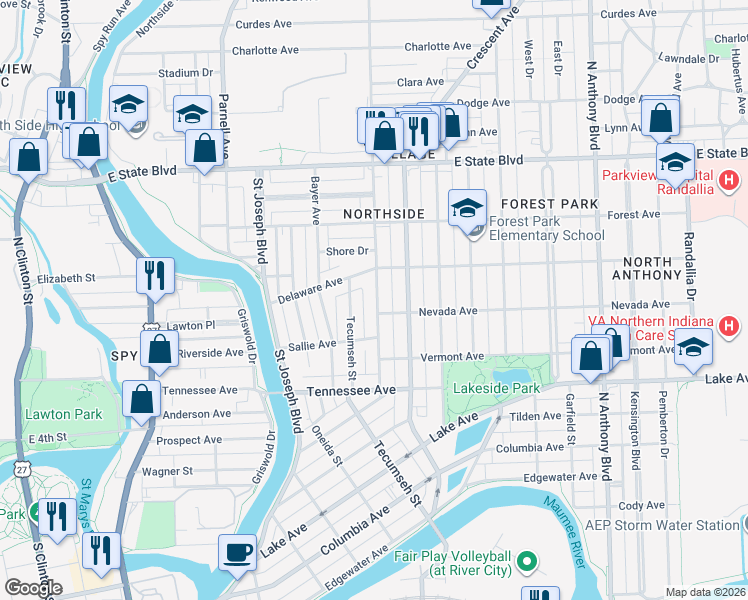 map of restaurants, bars, coffee shops, grocery stores, and more near 1819 Kentucky Avenue in Fort Wayne