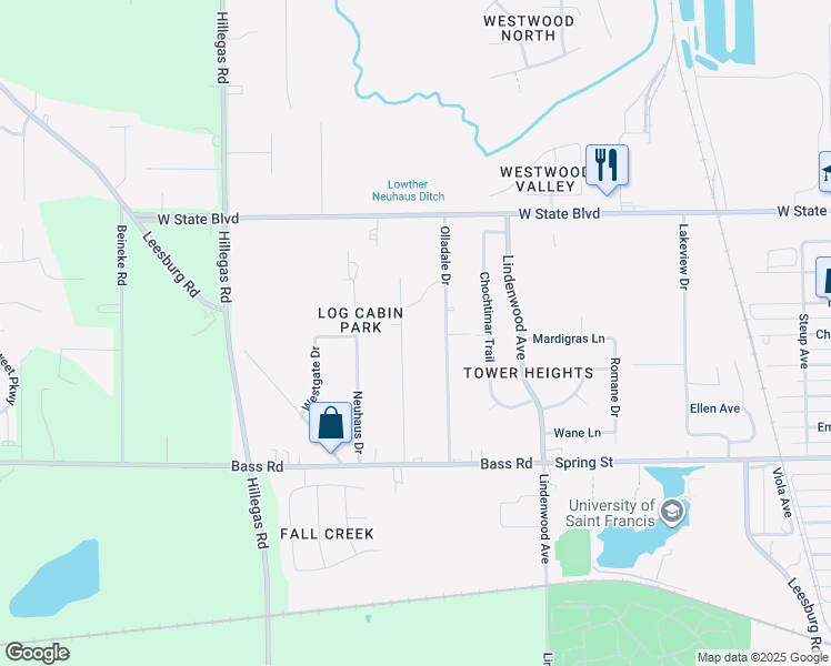map of restaurants, bars, coffee shops, grocery stores, and more near 1916 Lathrop Drive in Fort Wayne