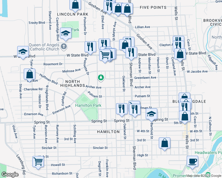 map of restaurants, bars, coffee shops, grocery stores, and more near 1115 Archer Avenue in Fort Wayne
