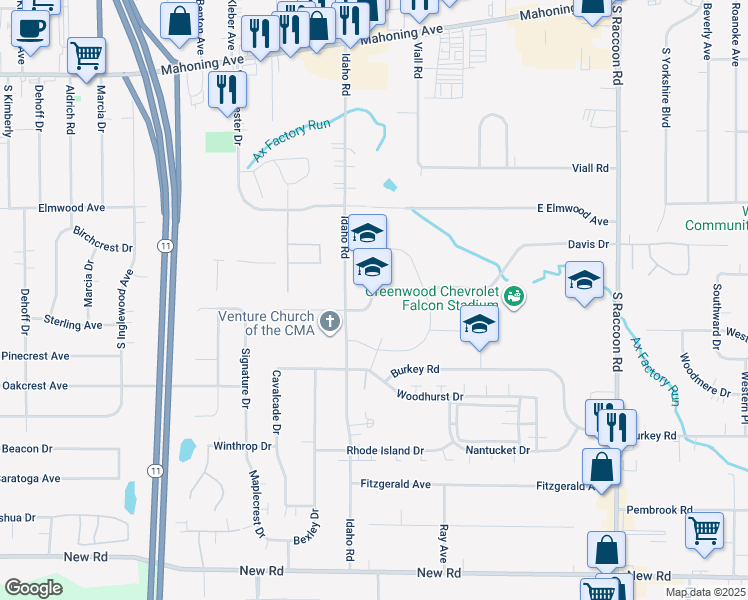 map of restaurants, bars, coffee shops, grocery stores, and more near 255 Idaho Road in Youngstown