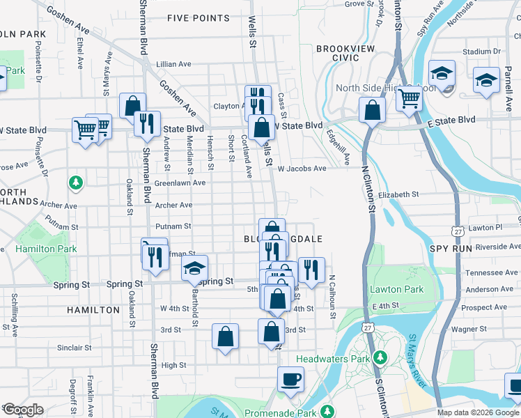 map of restaurants, bars, coffee shops, grocery stores, and more near 401 Archer Avenue in Fort Wayne