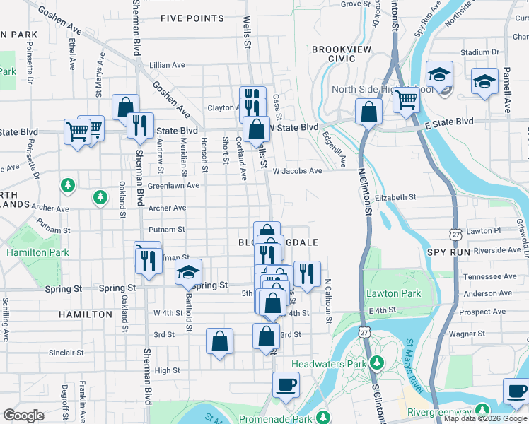 map of restaurants, bars, coffee shops, grocery stores, and more near 401 Archer Avenue in Fort Wayne