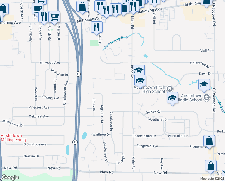 map of restaurants, bars, coffee shops, grocery stores, and more near 4900 Shadow Oak Drive in Youngstown