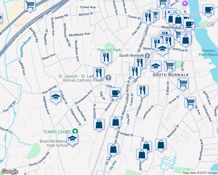map of restaurants, bars, coffee shops, grocery stores, and more near 2 Ridge Street in Norwalk