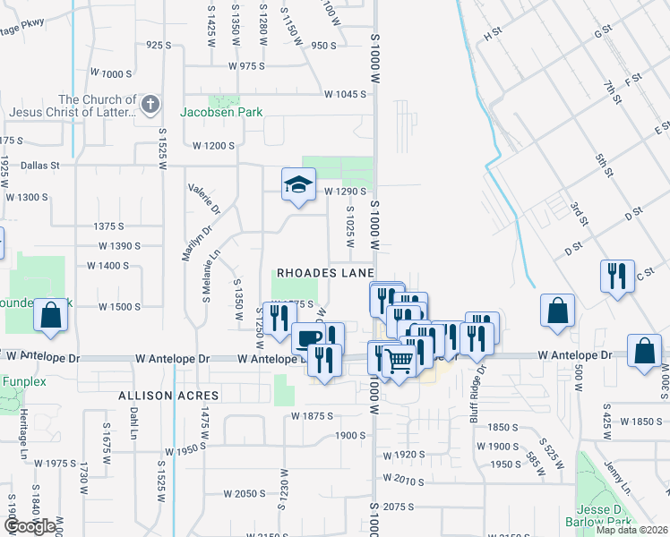 map of restaurants, bars, coffee shops, grocery stores, and more near 1085 West 1475 South in Syracuse