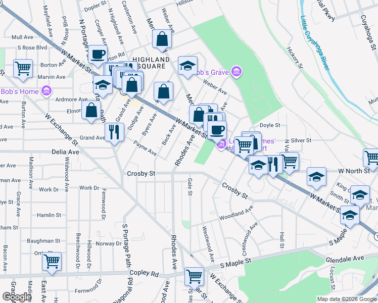 map of restaurants, bars, coffee shops, grocery stores, and more near 35 Rhodes Avenue in Akron