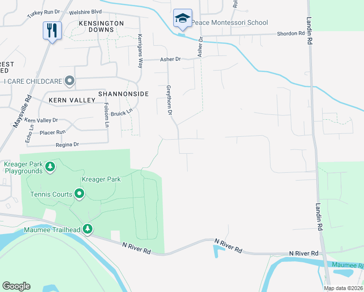 map of restaurants, bars, coffee shops, grocery stores, and more near 1500 Greythorn Drive in Fort Wayne