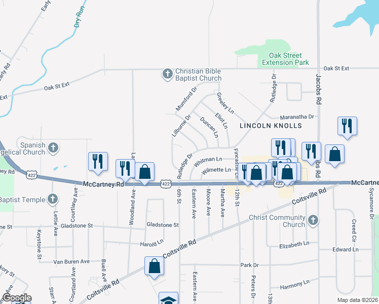 map of restaurants, bars, coffee shops, grocery stores, and more near 58 Rutledge Drive in Youngstown