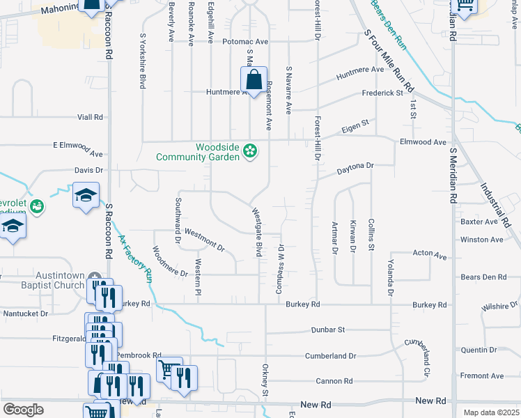 map of restaurants, bars, coffee shops, grocery stores, and more near 468 Westgate Boulevard in Youngstown