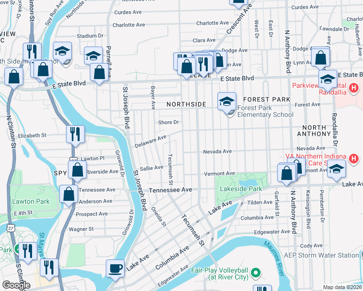 map of restaurants, bars, coffee shops, grocery stores, and more near 1819 Kentucky Avenue in Fort Wayne
