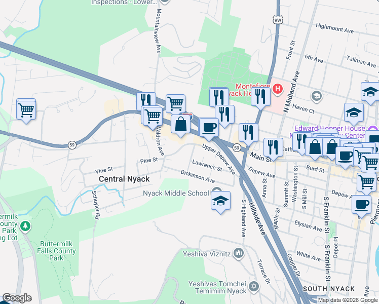 map of restaurants, bars, coffee shops, grocery stores, and more near 2 Hall Avenue in Nyack