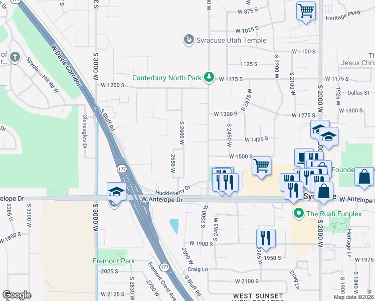 map of restaurants, bars, coffee shops, grocery stores, and more near 1481 South 2600 West in Syracuse