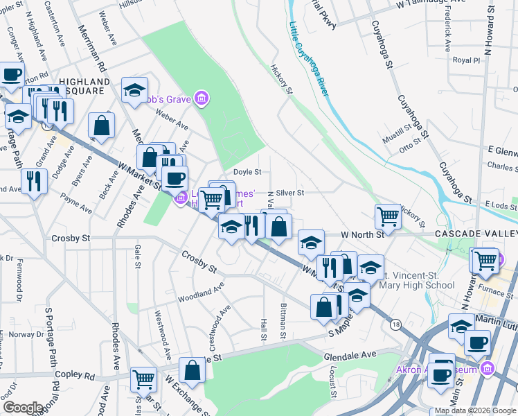 map of restaurants, bars, coffee shops, grocery stores, and more near 375 Albert Place in Akron