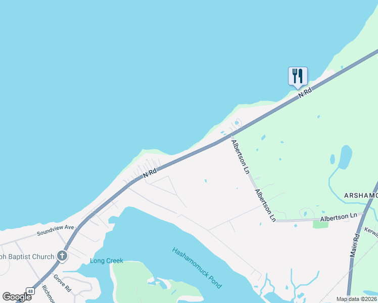 map of restaurants, bars, coffee shops, grocery stores, and more near 55835 North Road in Greenport