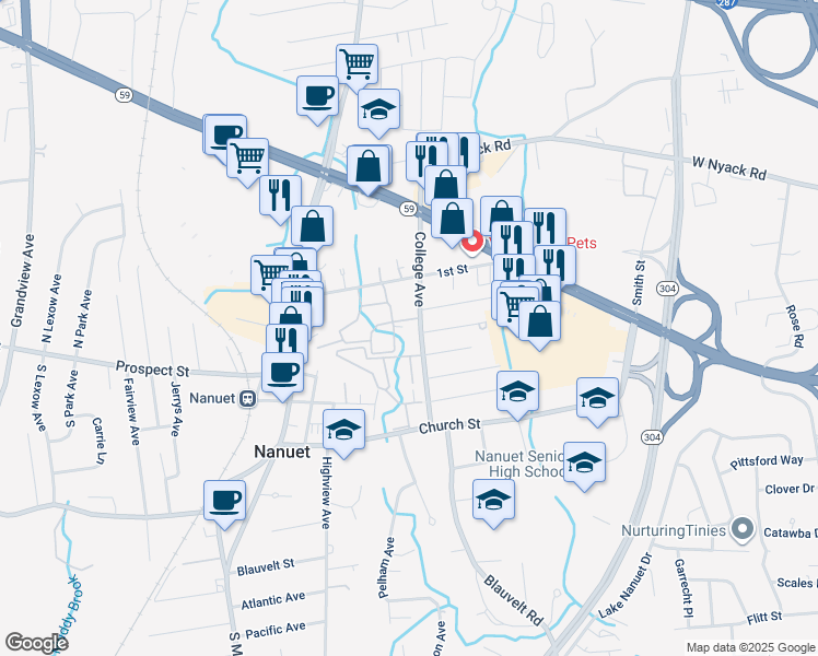 map of restaurants, bars, coffee shops, grocery stores, and more near 364 Normandy Village in Nanuet