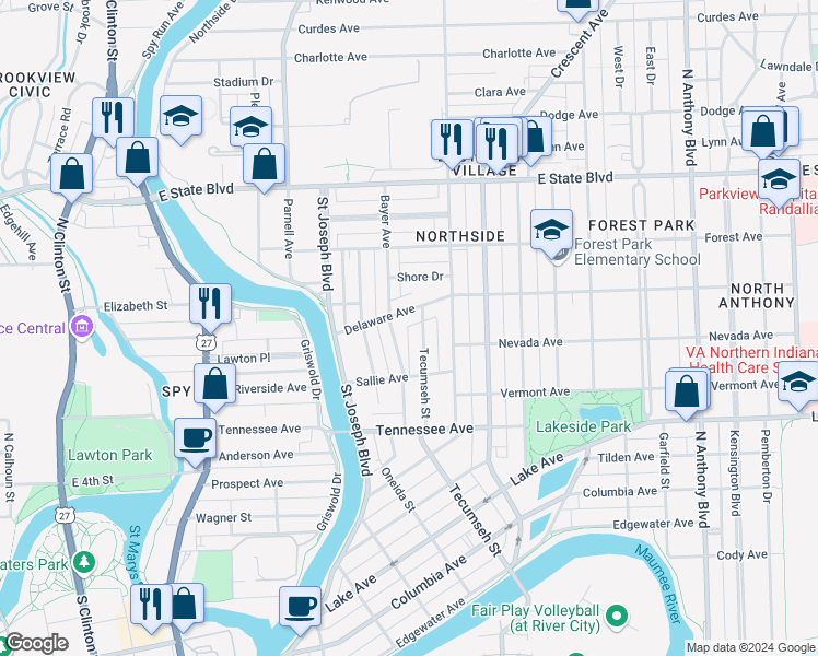 map of restaurants, bars, coffee shops, grocery stores, and more near 1817 Tecumseh Street in Fort Wayne