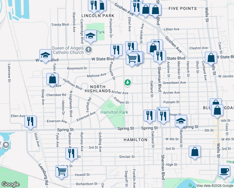 map of restaurants, bars, coffee shops, grocery stores, and more near 1323 Archer Avenue in Fort Wayne