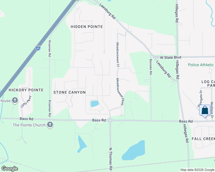 map of restaurants, bars, coffee shops, grocery stores, and more near 1932 Morgan Creek Drive in Fort Wayne