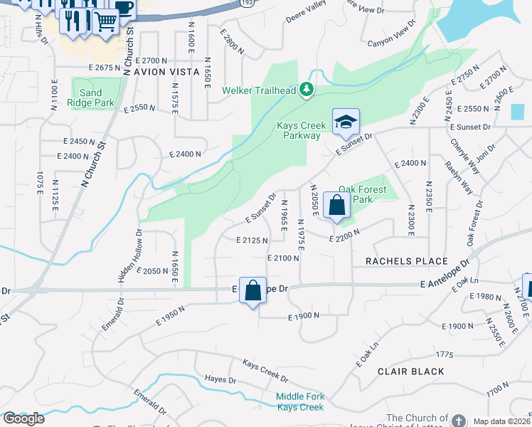 map of restaurants, bars, coffee shops, grocery stores, and more near 1952 East Sunset Drive in Layton