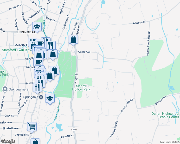 map of restaurants, bars, coffee shops, grocery stores, and more near 34 Stephanie Lane in Darien