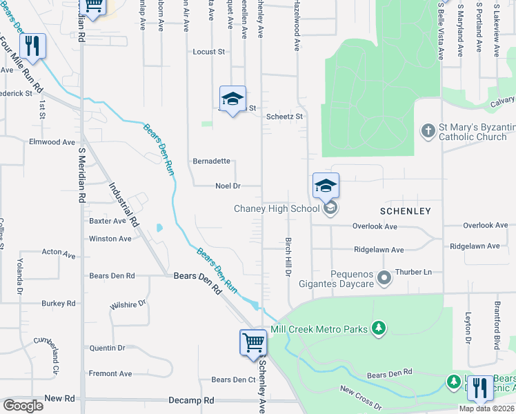 map of restaurants, bars, coffee shops, grocery stores, and more near 660 South Schenley Avenue in Youngstown