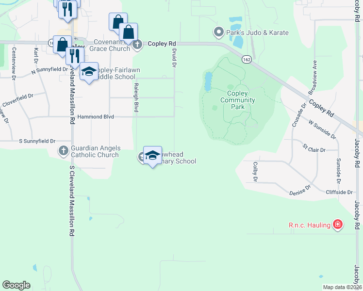 map of restaurants, bars, coffee shops, grocery stores, and more near 1581 Druid Drive in Akron