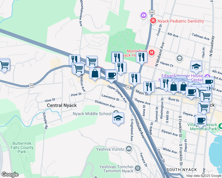 map of restaurants, bars, coffee shops, grocery stores, and more near 274 Upper Depew Avenue in Nyack