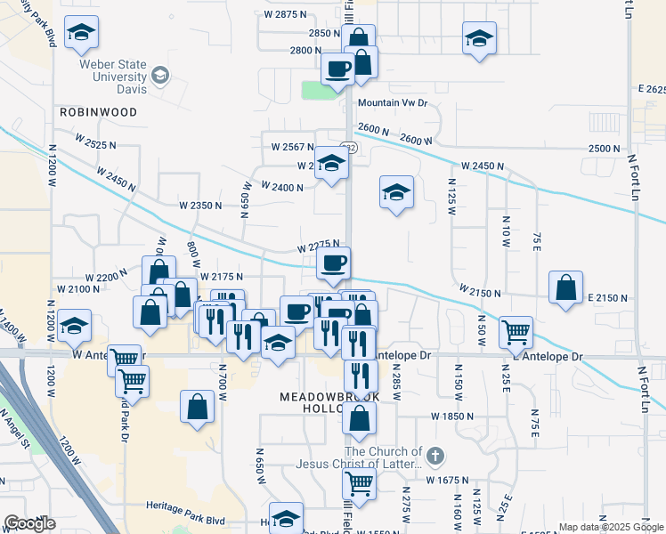 map of restaurants, bars, coffee shops, grocery stores, and more near 2234 North Hill Field Road in Layton