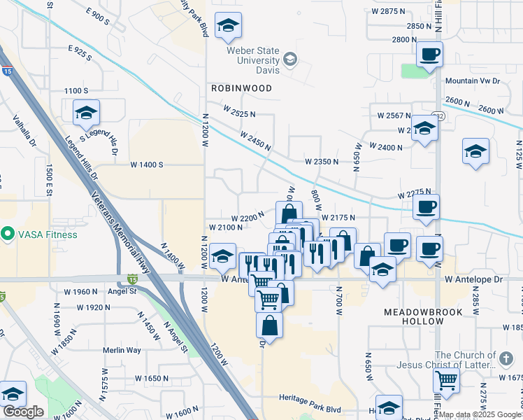 map of restaurants, bars, coffee shops, grocery stores, and more near 1020 West 2200 North in Layton