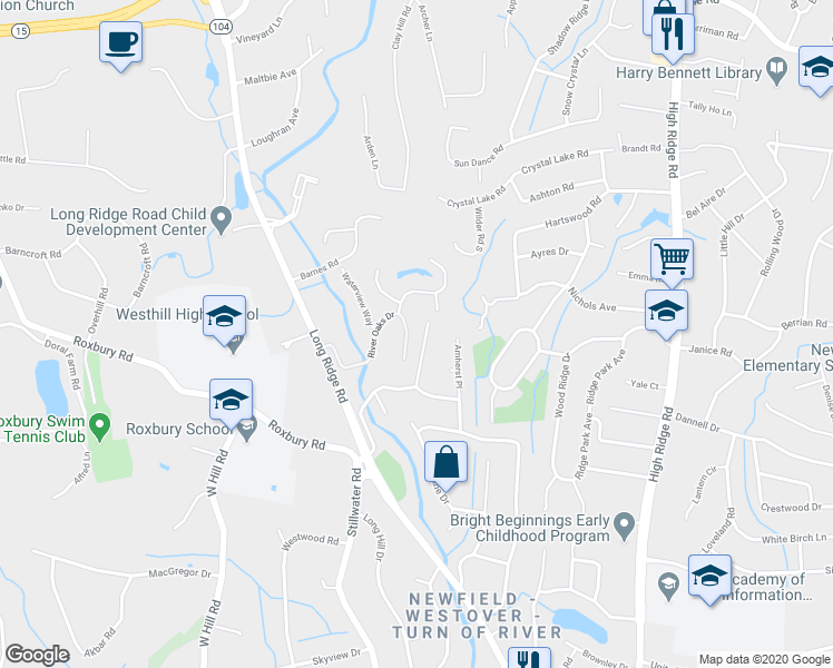 map of restaurants, bars, coffee shops, grocery stores, and more near 125 Buckingham Drive in Stamford