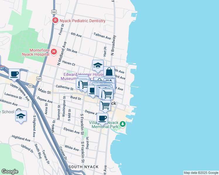 map of restaurants, bars, coffee shops, grocery stores, and more near 81 1st Avenue in Nyack