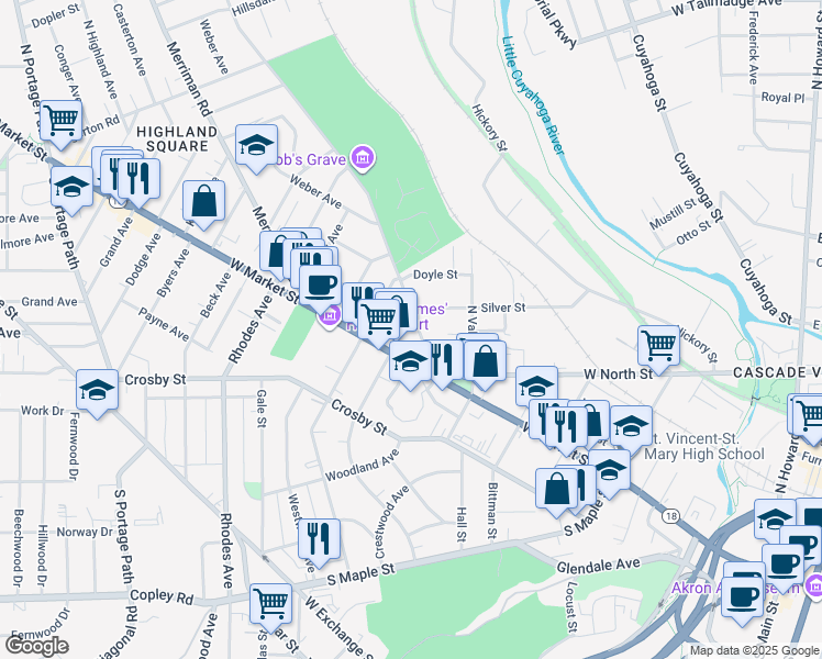 map of restaurants, bars, coffee shops, grocery stores, and more near 59 Aqueduct Street in Akron