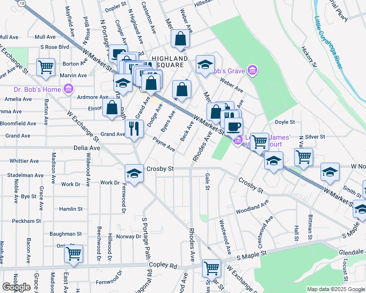 map of restaurants, bars, coffee shops, grocery stores, and more near 83 Beck Avenue in Akron