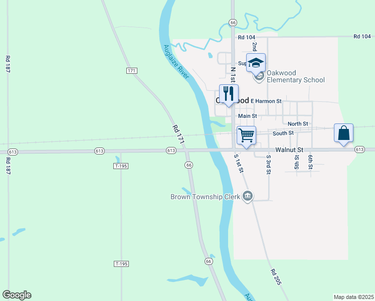 map of restaurants, bars, coffee shops, grocery stores, and more near 22888 Ohio 613 in Oakwood