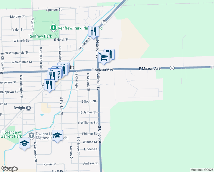 map of restaurants, bars, coffee shops, grocery stores, and more near 114 Orchard Road in Dwight