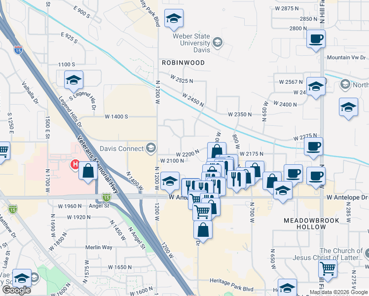 map of restaurants, bars, coffee shops, grocery stores, and more near 2220 North 1100 West in Layton