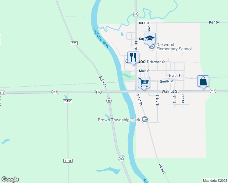 map of restaurants, bars, coffee shops, grocery stores, and more near 22888-22998 Highway 613 in Oakwood