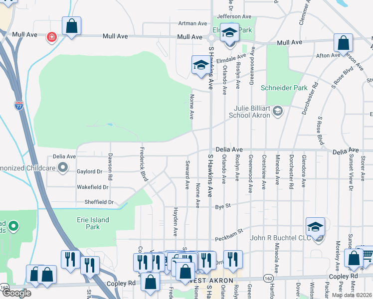 map of restaurants, bars, coffee shops, grocery stores, and more near 1531 Delia Ave in Akron