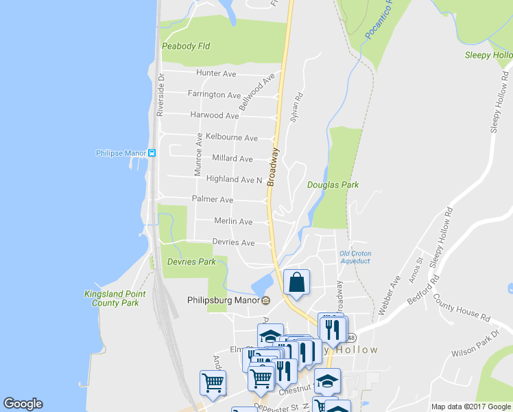 map of restaurants, bars, coffee shops, grocery stores, and more near 26 Palmer Avenue in Sleepy Hollow