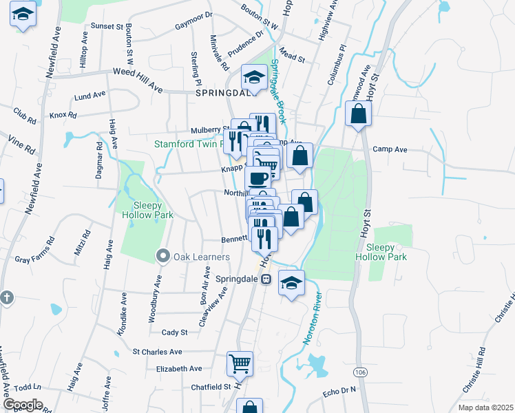 map of restaurants, bars, coffee shops, grocery stores, and more near 1005 Hope Street in Stamford