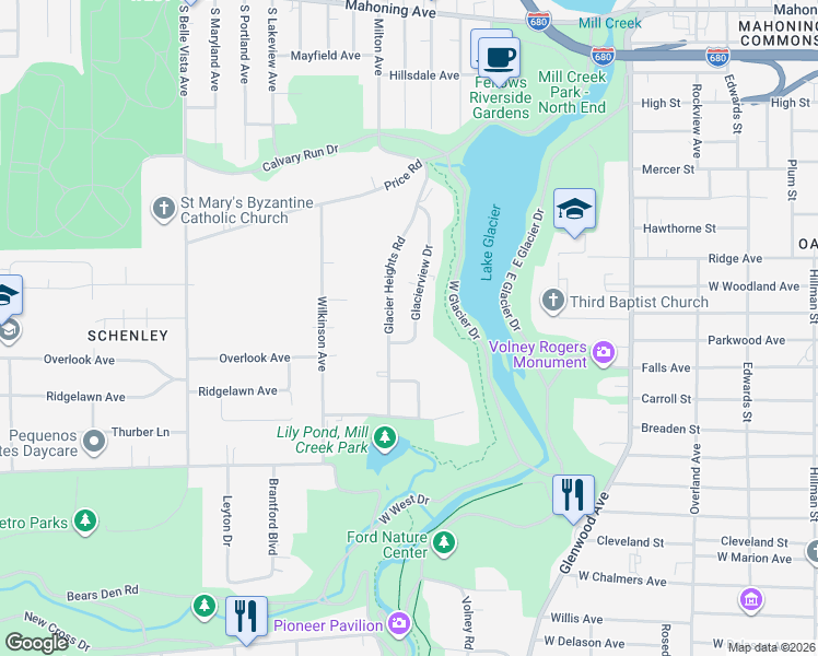 map of restaurants, bars, coffee shops, grocery stores, and more near 560 Glacierview Drive in Youngstown