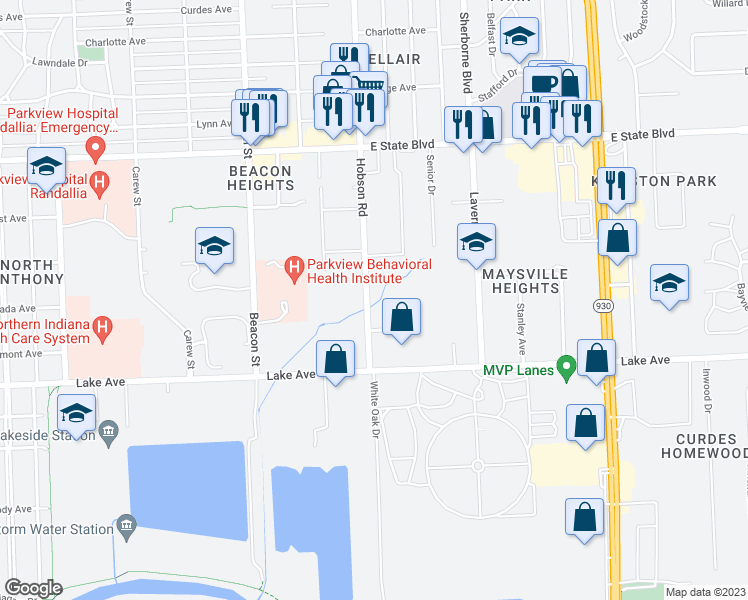 map of restaurants, bars, coffee shops, grocery stores, and more near 1700 Hobson Road in Fort Wayne