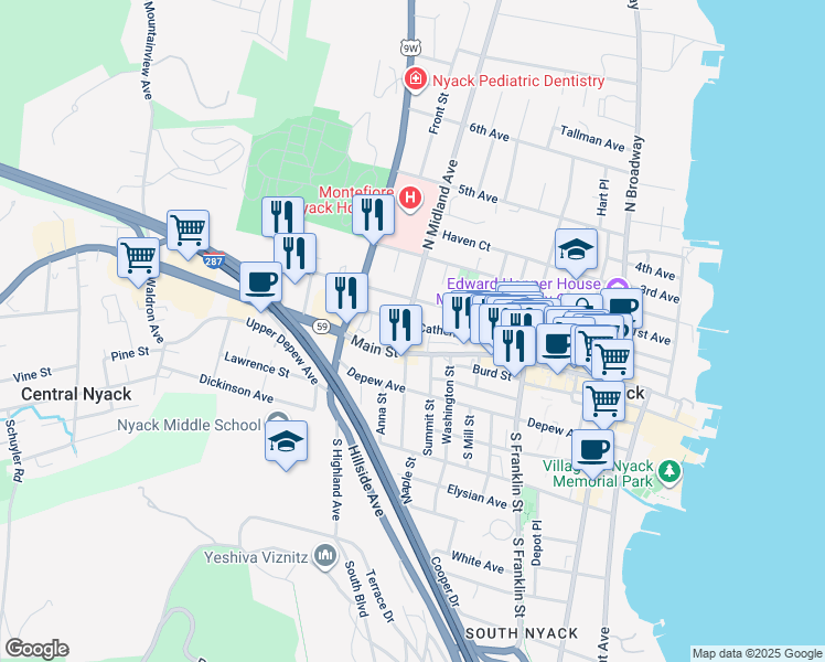 map of restaurants, bars, coffee shops, grocery stores, and more near 23 North Midland Avenue in Nyack