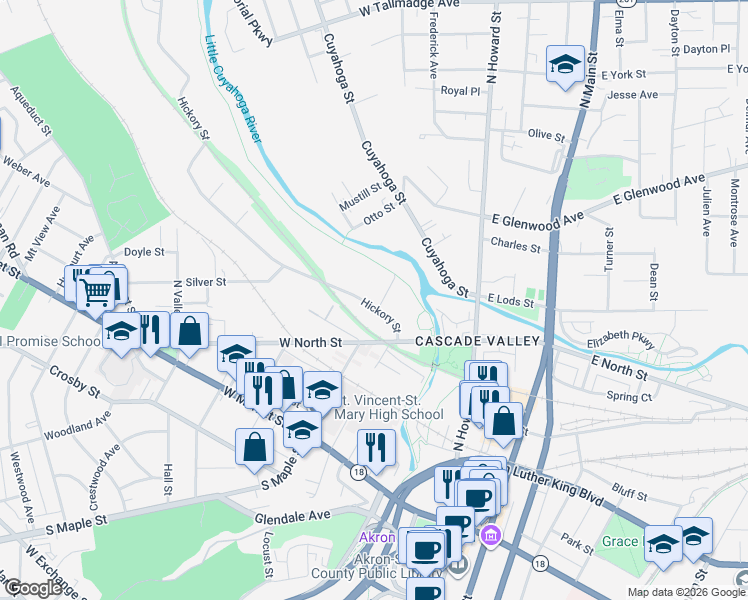 map of restaurants, bars, coffee shops, grocery stores, and more near 189 Hickory Street in Akron