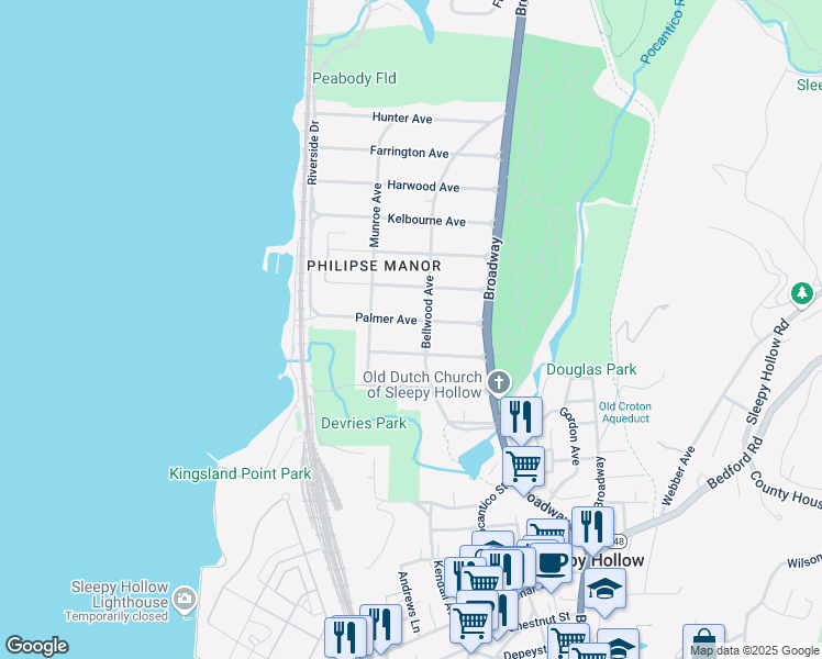 map of restaurants, bars, coffee shops, grocery stores, and more near 128 Palmer Avenue in Sleepy Hollow