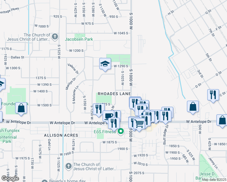 map of restaurants, bars, coffee shops, grocery stores, and more near 1478 South 1100 West in Syracuse
