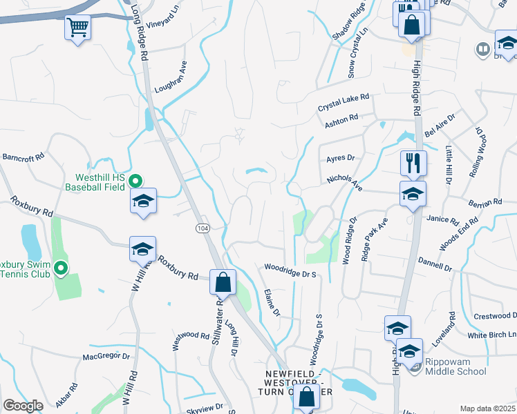 map of restaurants, bars, coffee shops, grocery stores, and more near 125 Buckingham Drive in Stamford